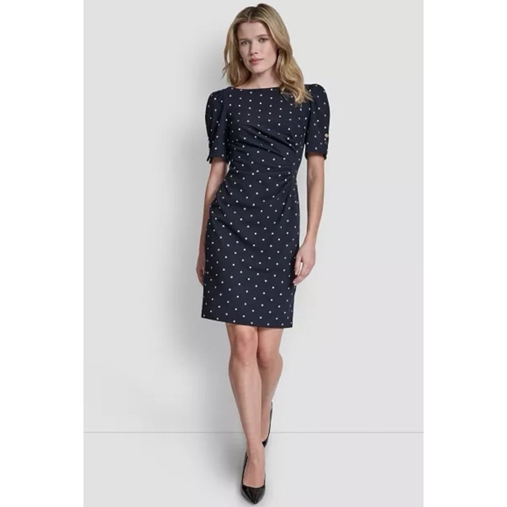DKNY Polka Dot Sheath Dress Womens 6 Navy White Ruched Puff Sleeve Luxe NWT